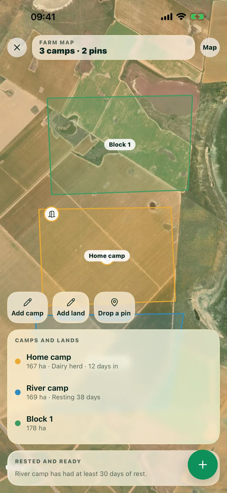 The FarmBase farm map with camps drawn over satellite imagery, their hectares and grazing days