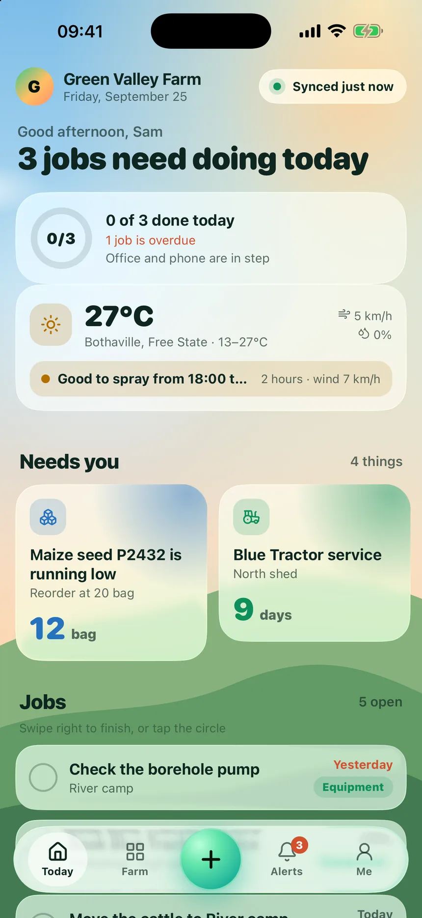 The FarmBase today screen showing the day's jobs, the weather and what needs attention