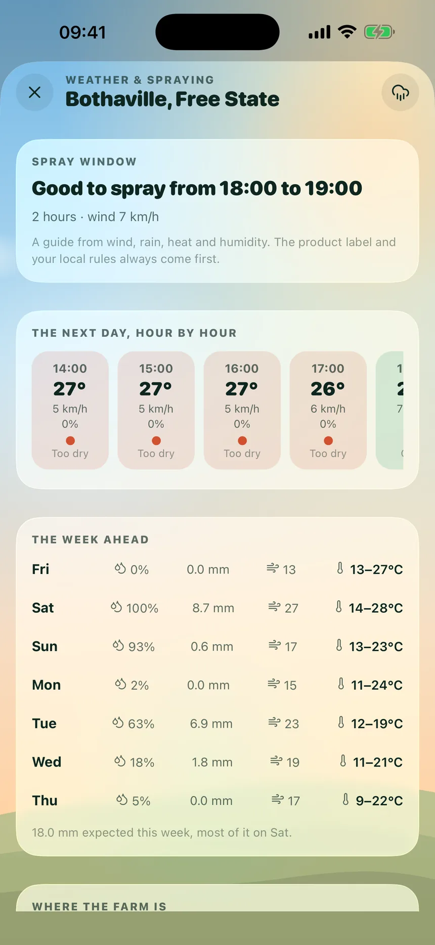 The FarmBase weather screen showing a spray window, the next day hour by hour and the week ahead