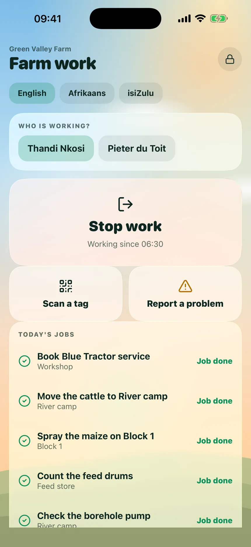 The FarmBase worker screen in English, Afrikaans and isiZulu with clock in, tag scanning and today's jobs