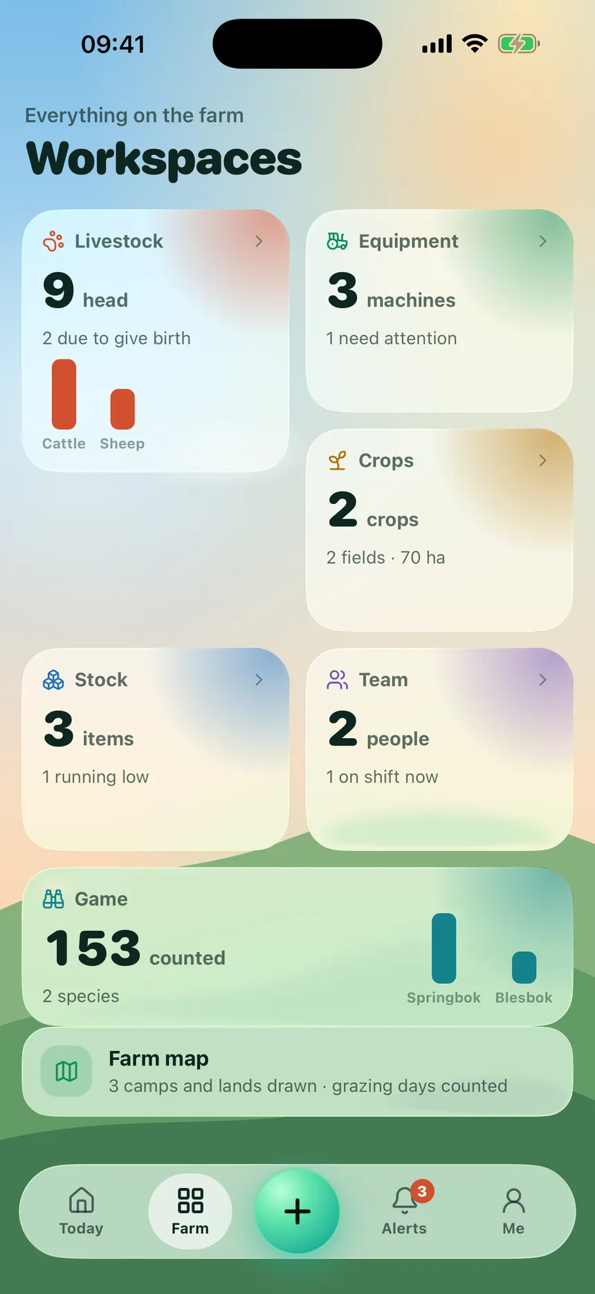 The FarmBase workspaces screen showing livestock, equipment, crops, stock, team and game