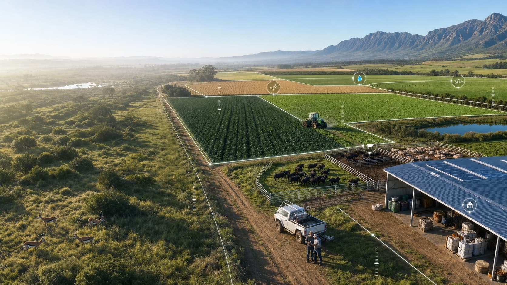 A connected mixed farm with crops, equipment, livestock, wildlife, workers and inventory